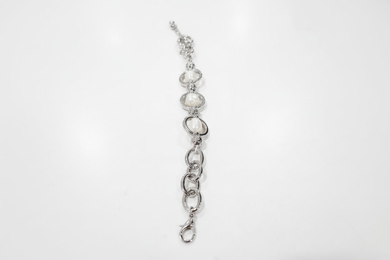 Silver Adjustable Bracelet with Pearl Beads