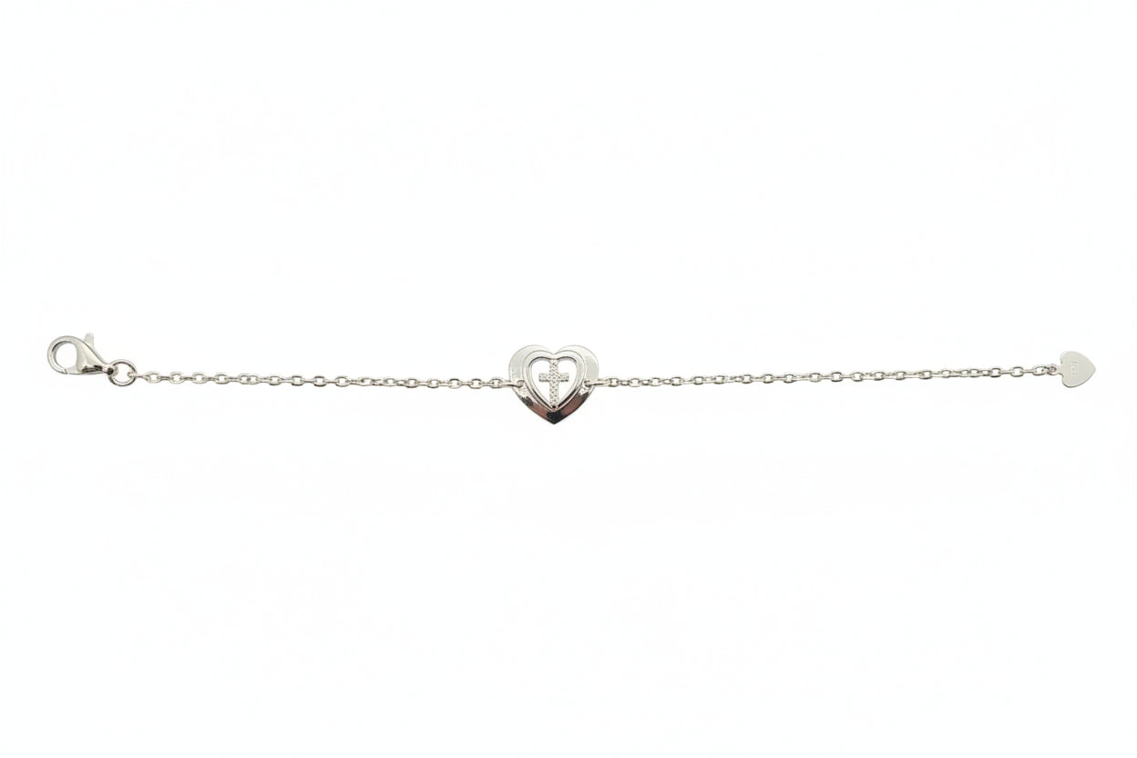 Silver cross in heart Braclet
