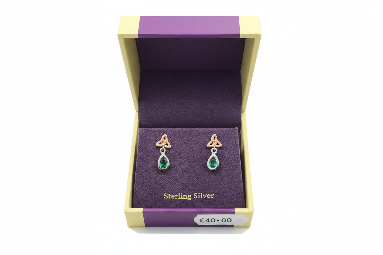 Celtic Silver/Gold drop earring Emerald stone