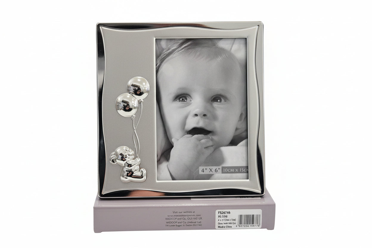 Silverplated Satin Baby Frame Teddy Holding Balloons 4 x 6