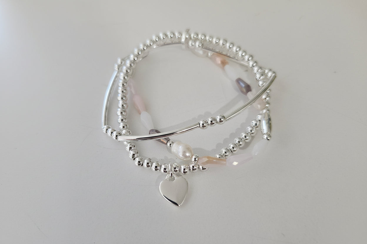 Silver 3 Bracelets with Heart Charm, Lilac & Pearl Bead