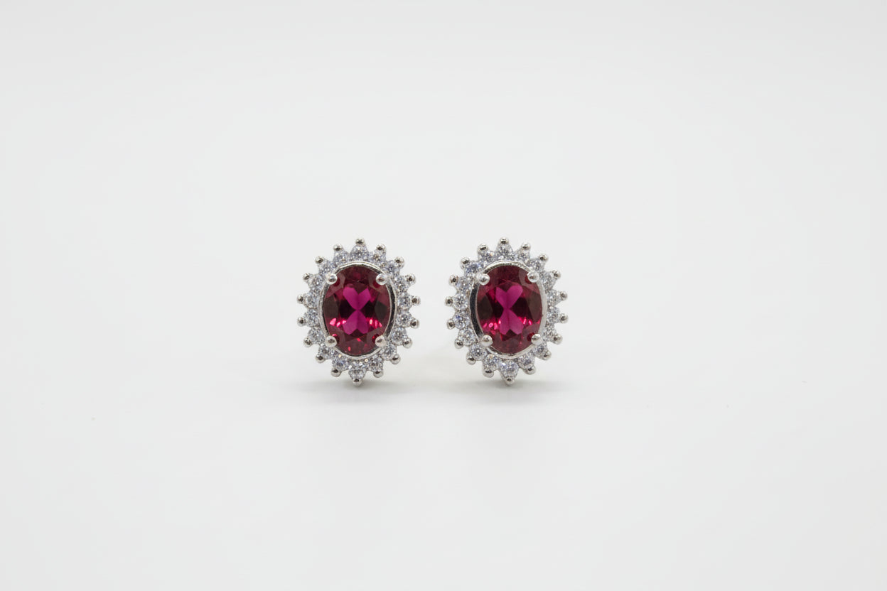 Sterling Silver Ruby/ Clear Stone Pearl Shaped Earrings