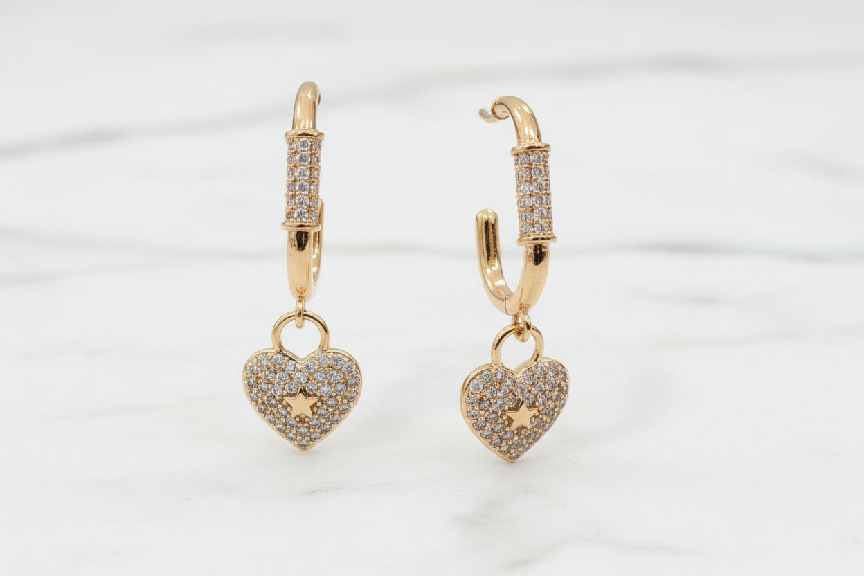 Goldplated Drop Heart Earrings with Clear Stones