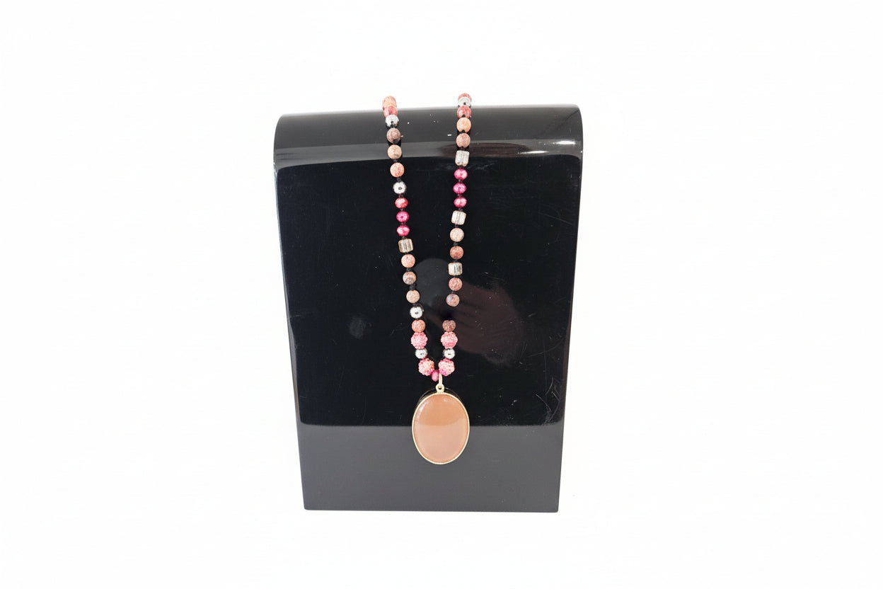 Long Multi Coloured Bead Necklace with Amber Stone