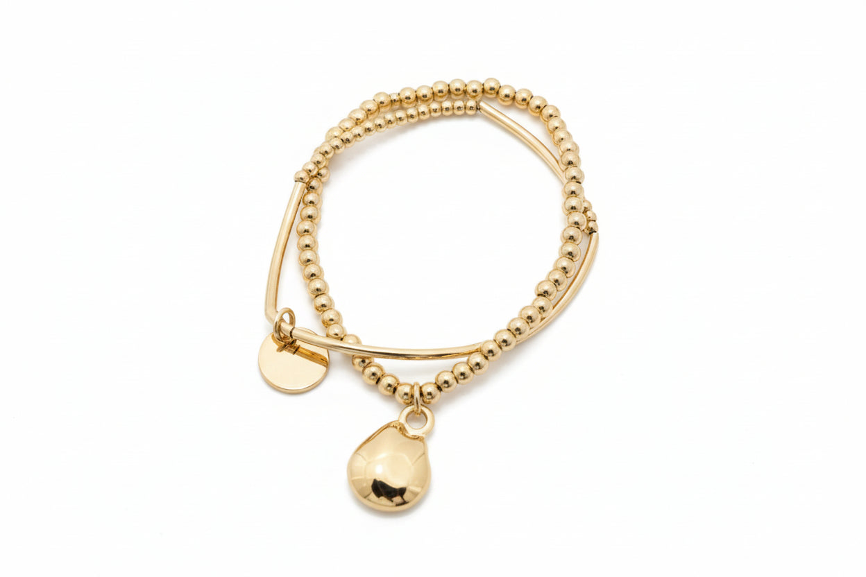 Gold Double Bead Bracelet with Gold Disc