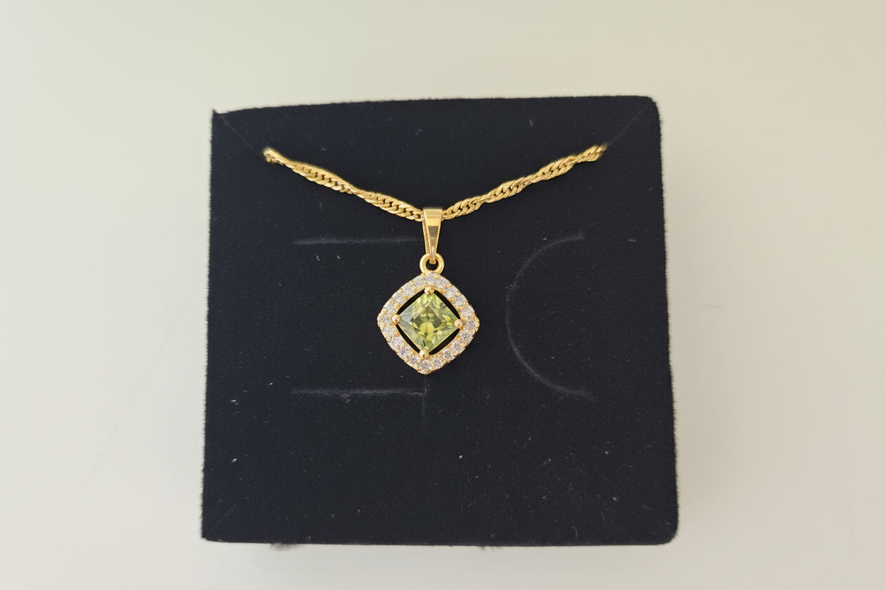 Gold Necklace with Green & Clear Stone