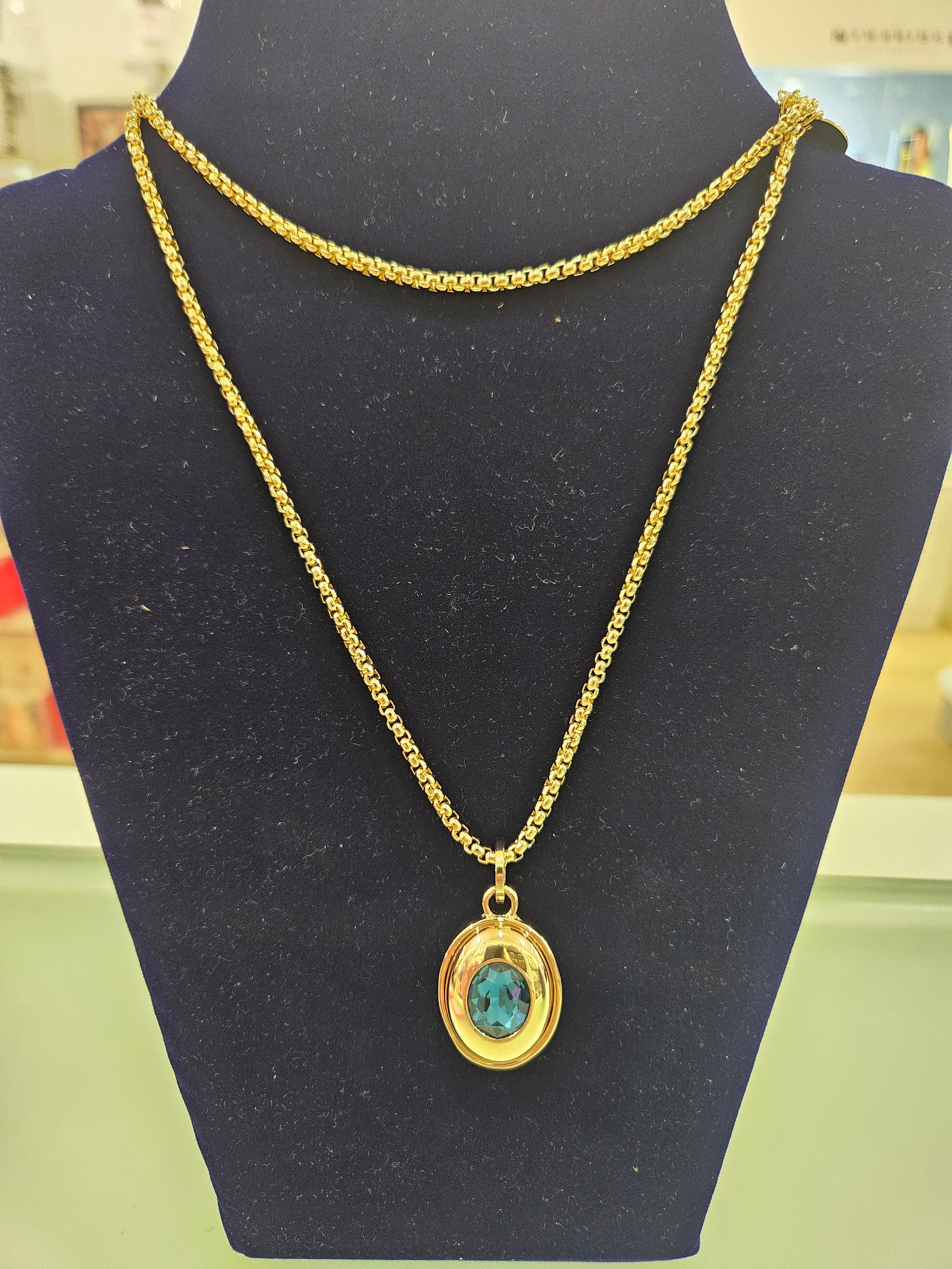 Gold long chain blue stone necklace