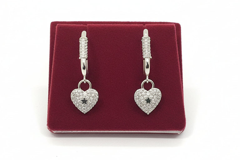 Silverplated Drop Heart Earrings With Clear Stone