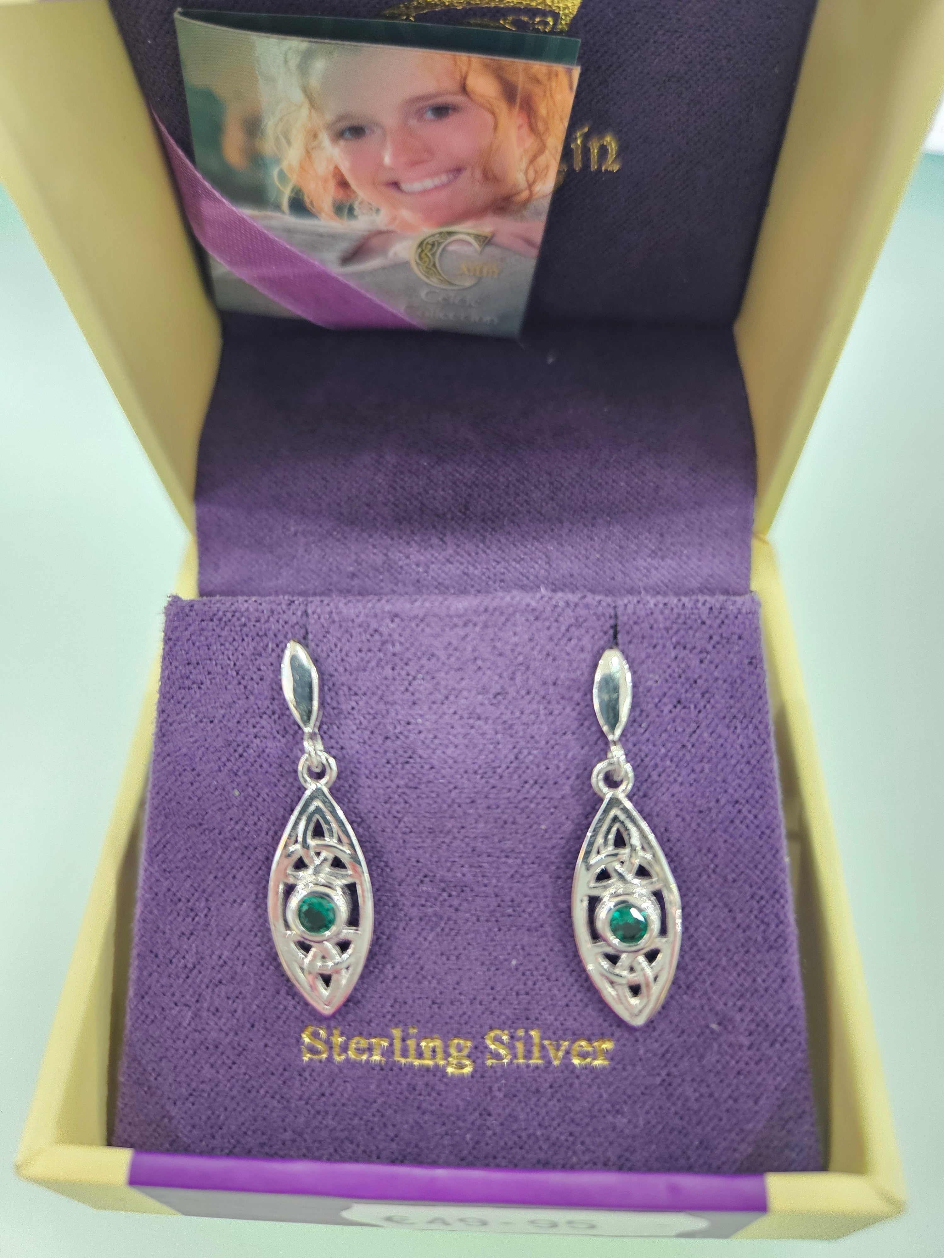 Celtic green stone drop earrings