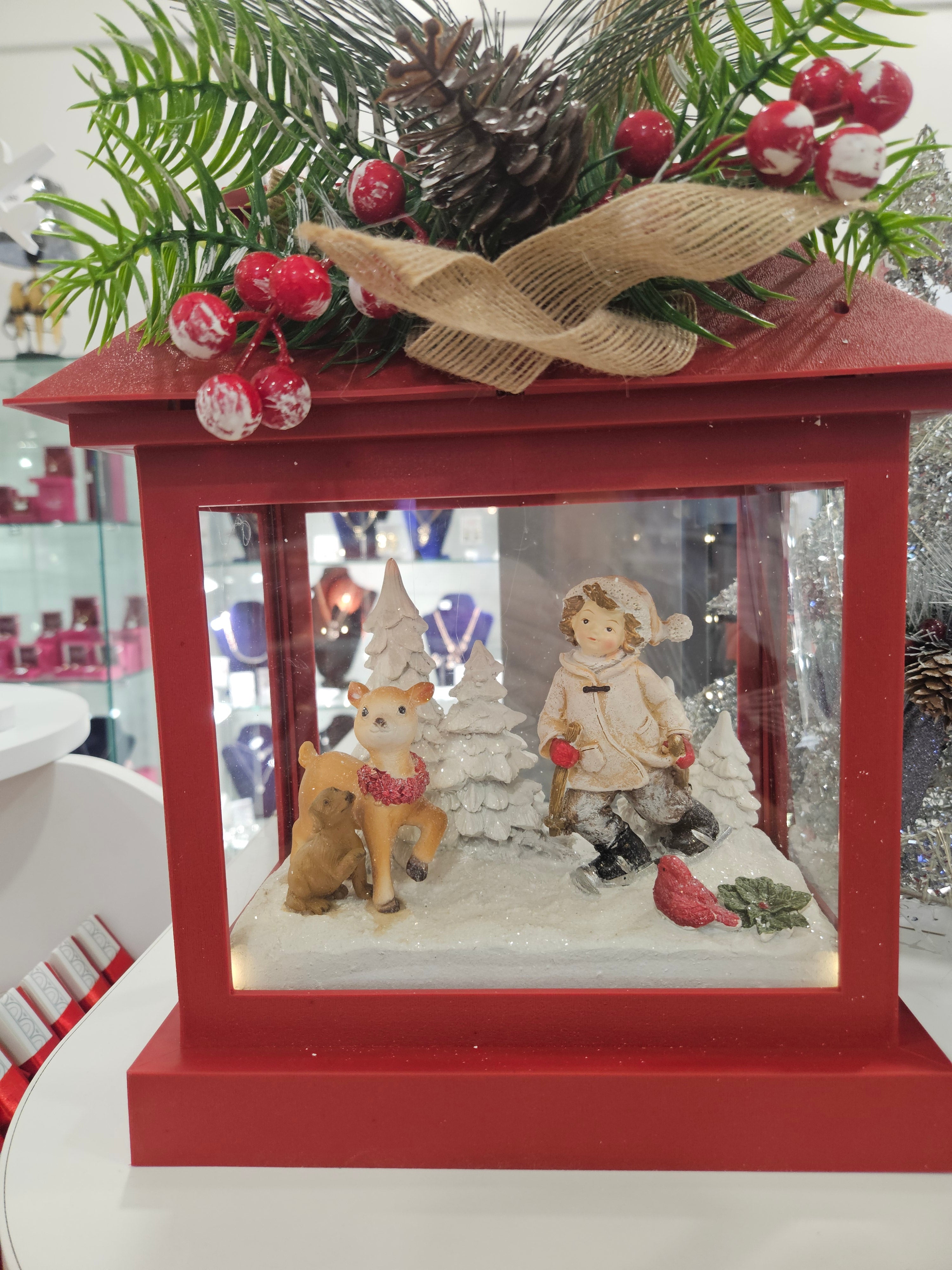 The Grange Collection LED Red Christmas Latern - Girl & Reindeer 25X17.5X30CM