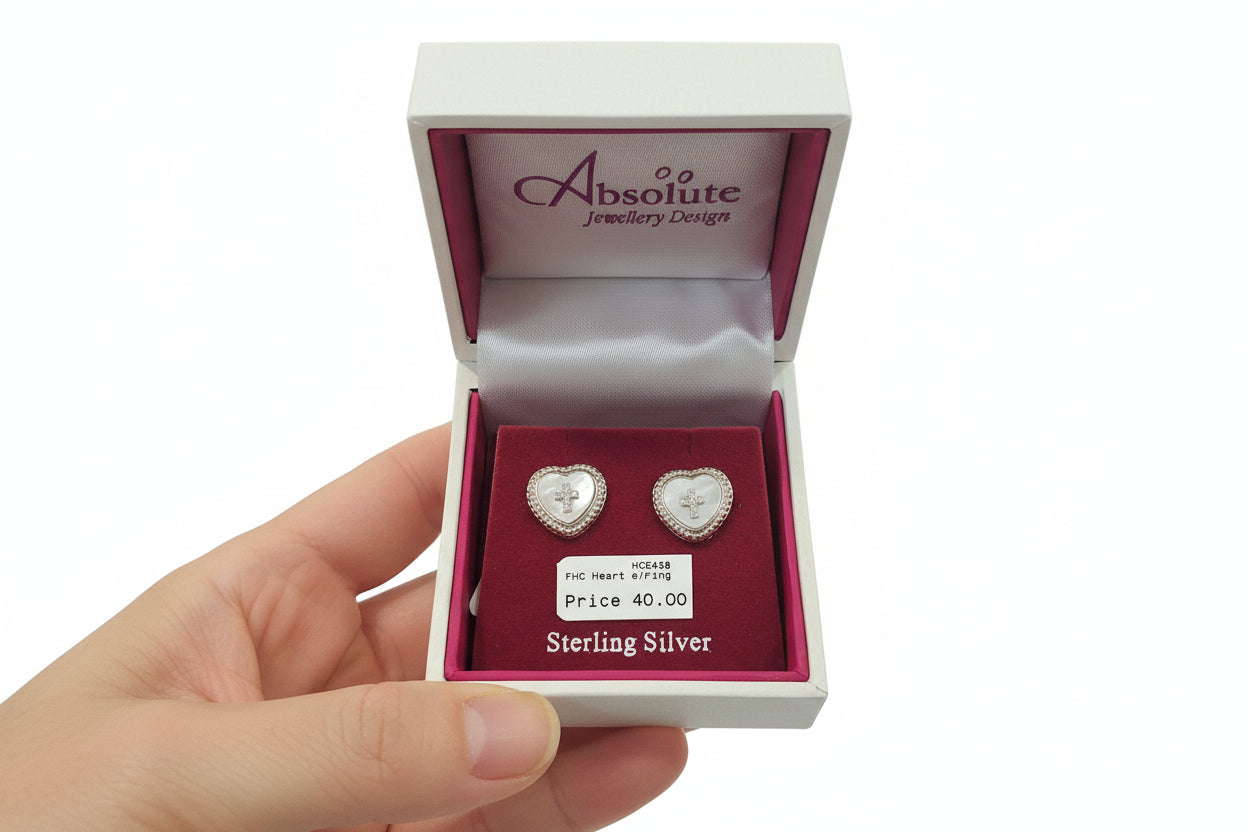 Silver Heart Earrings  with Mother of Pearl  & Cross Surrounded with Clear Stones
