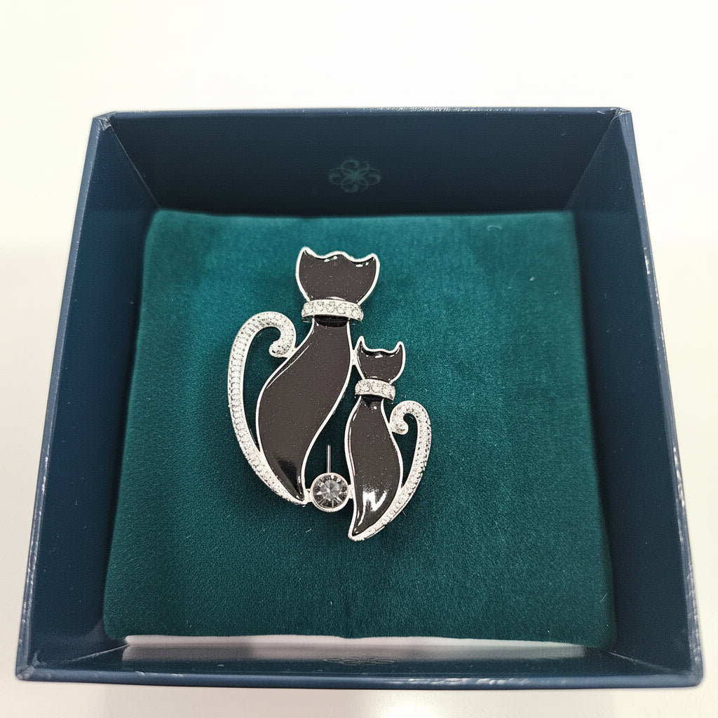 Double  pussycat brooch black with clear stones
