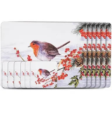 Newgrange 6pce Christmas Robin Placemat & Coaster Set