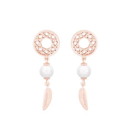 Tipperary Feather & Pearl Boho Earrings Rosegold