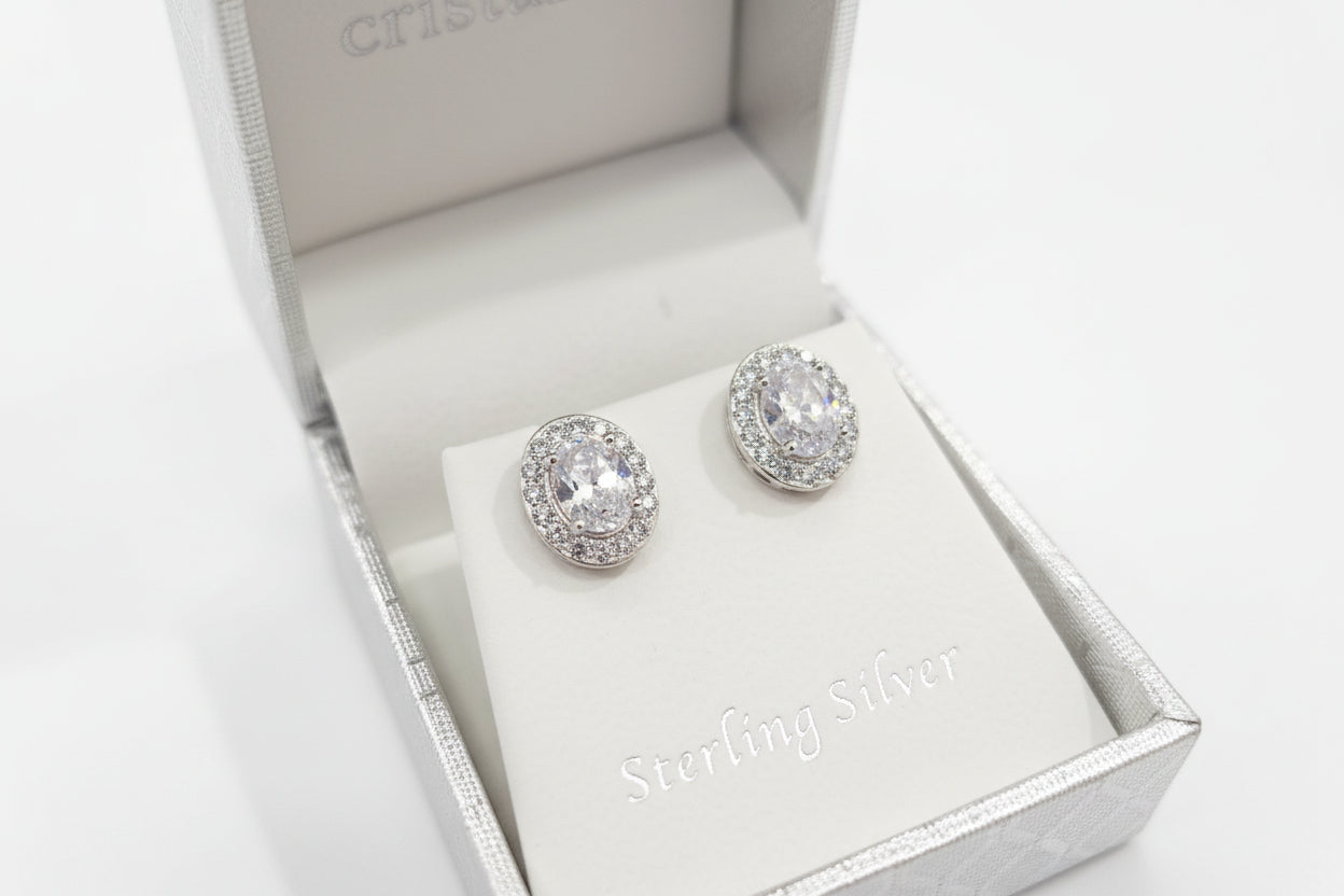 Sterling Silver Oval Clear Stone Earring