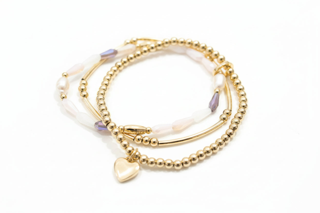 Gold 3 Beaded Bracelets with Heart Charm, Lilac & Pear Beads