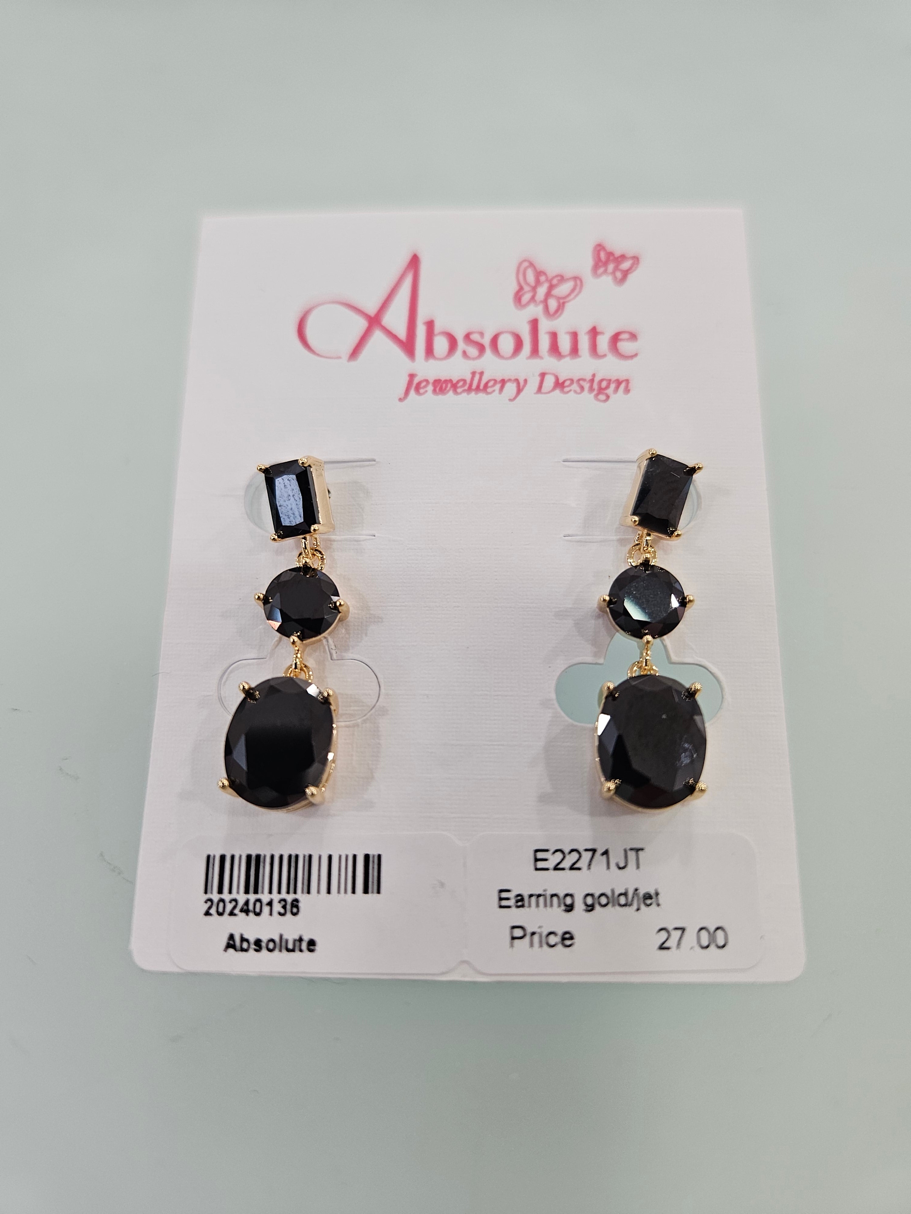 Absolute Goldplated & Jet 3 Stone Drop Earrings