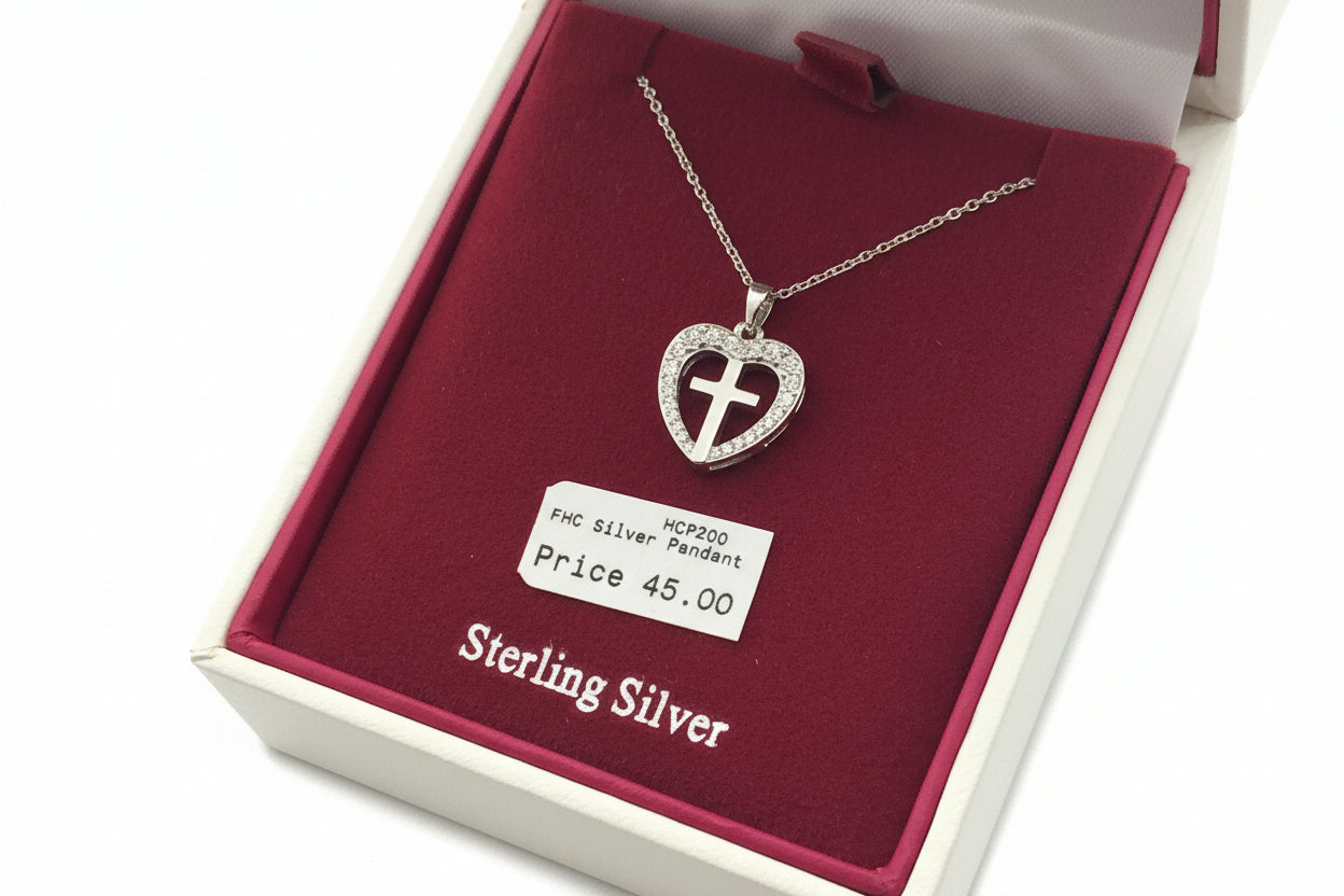 Silver Heart with Cross & Clear stones