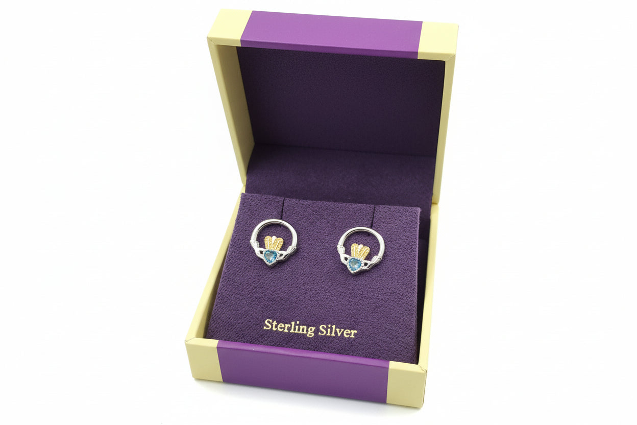 Aquamarine Stone Siilver Claddagh  Earrings