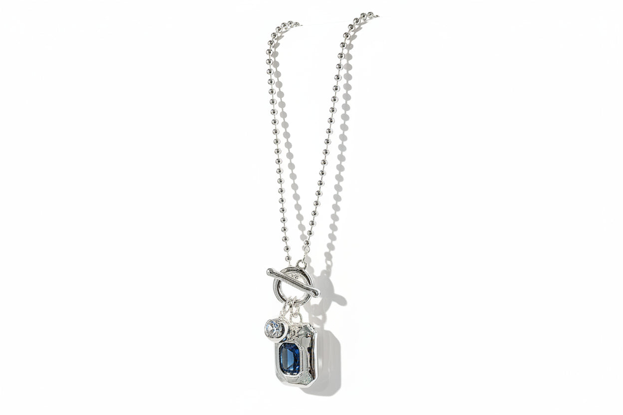Silver Long Necklace with Blue Stone