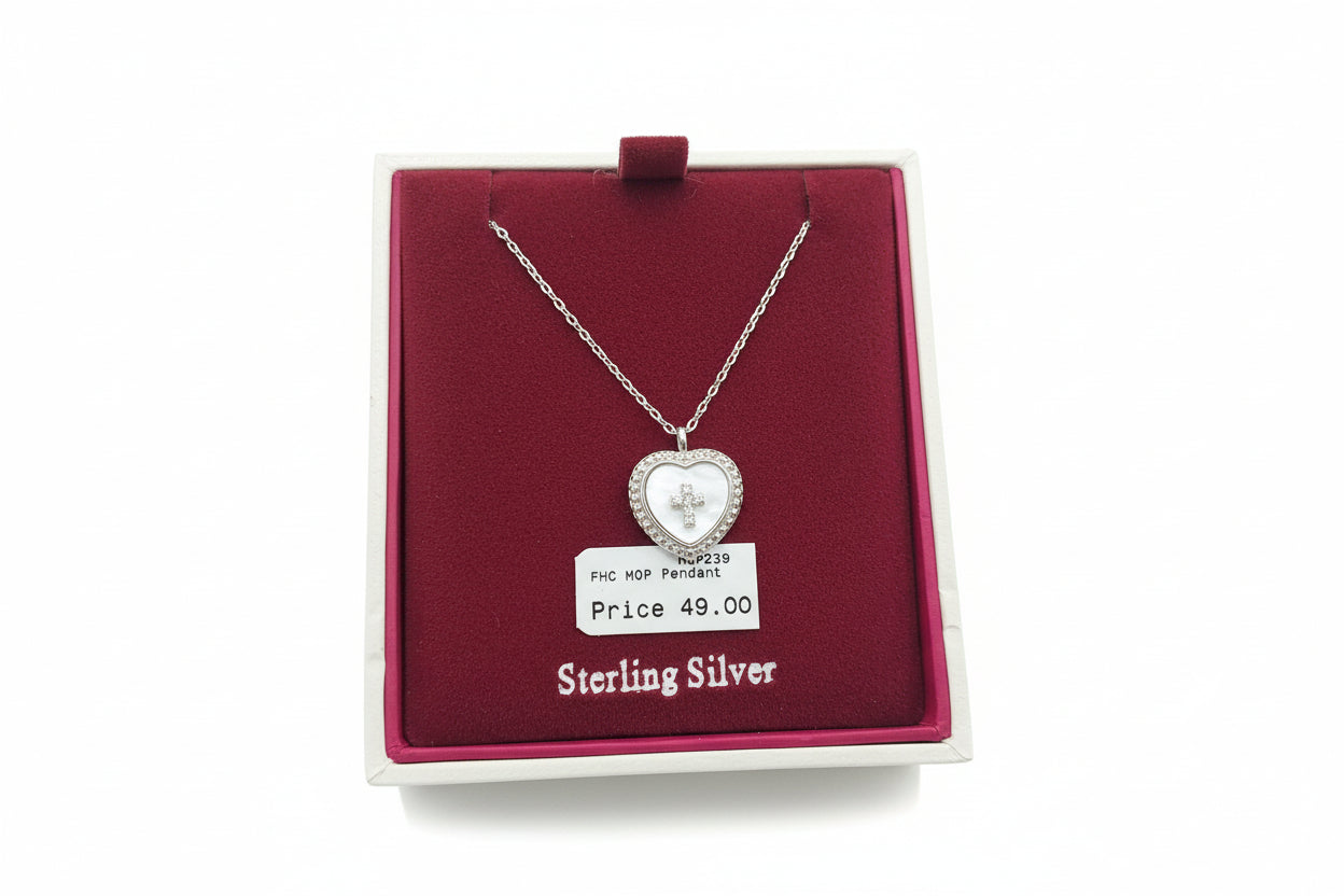 Silver Necklace with Mother of Pearl  & Cross Surrounded with Clear Stones