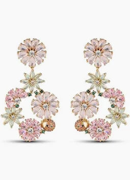 Newbridge Gold Plated Pink & Green Floral Drop Earrings