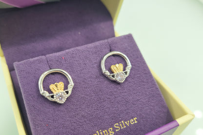 Silver Claddagh Earrings with Light Pink Stone