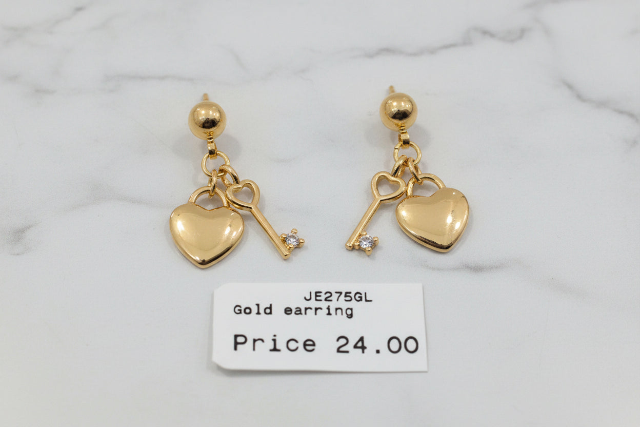 Goldplated Heart & Key Drop Earrings