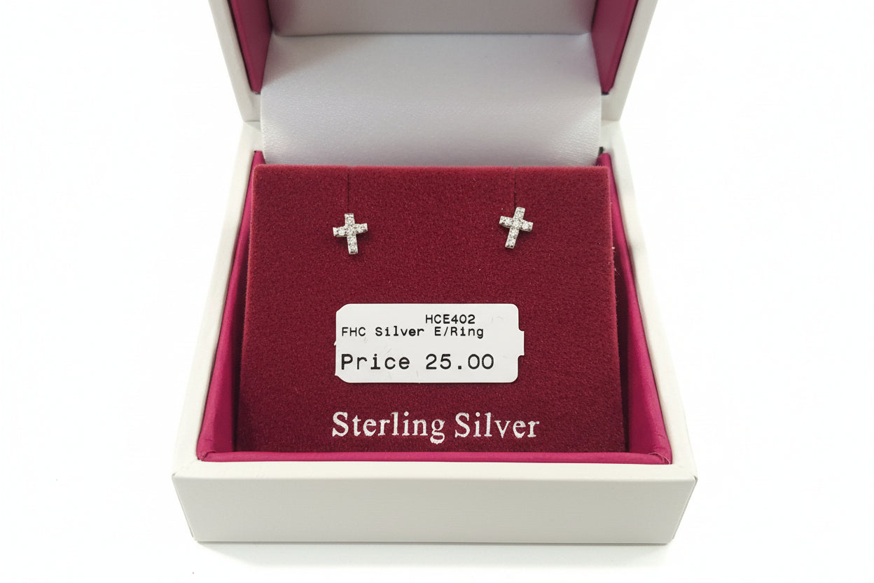 Silver Small Cross Earrings with Clear Stones