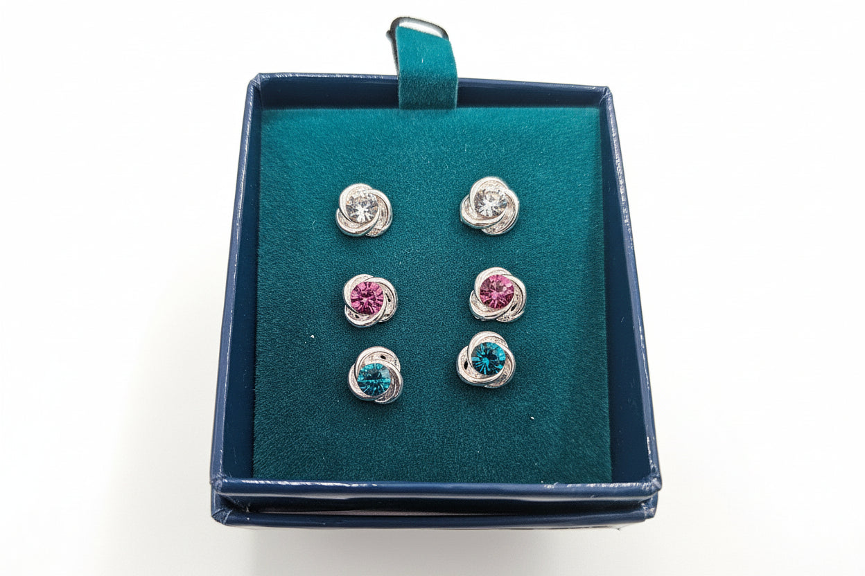 Silver 3 Set Stud Earrings with Clear, Pink & Turquoise Stone