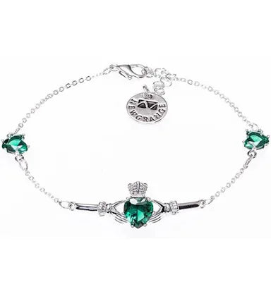 Newgrange Silver Cladagh Bracelet with Green Stone