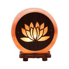 Himalyan Rock Salt Lamp with Wooden Base Lotus Flower