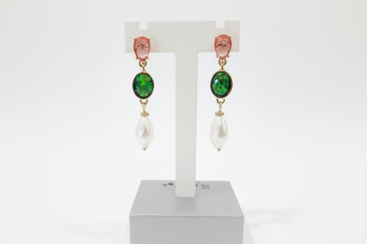 Pearl Drop Earrings with Green & Pink Stone
