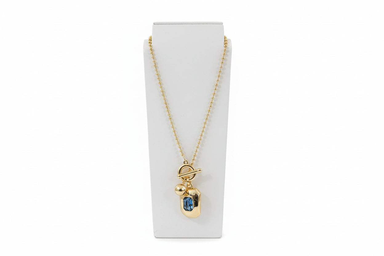 Gold Long Necklace with Blue Stone