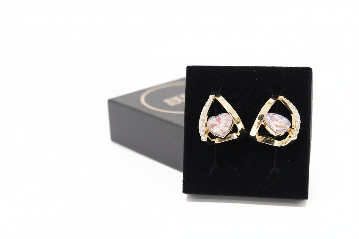 Gold Double Hoop with Pink Heart Stone