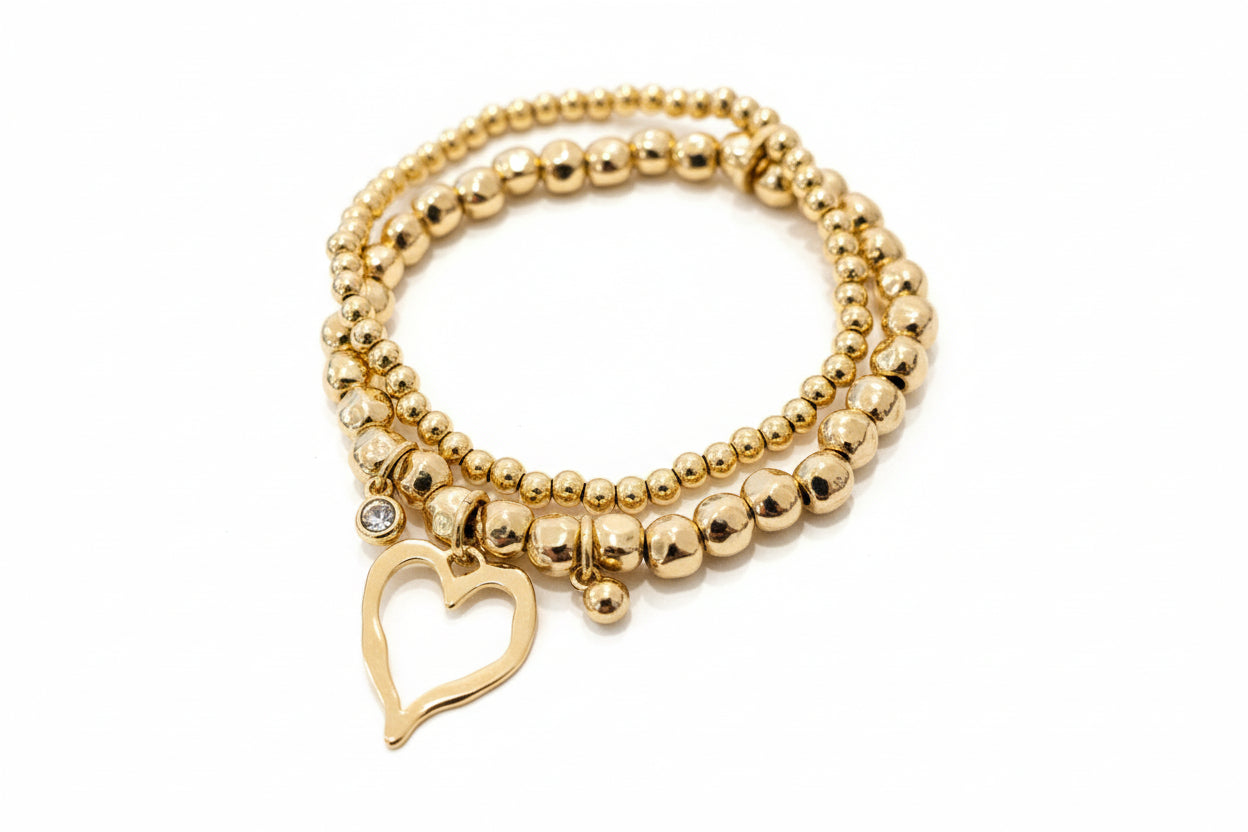 Gold Double Beaded Bracelet with Heart Charm