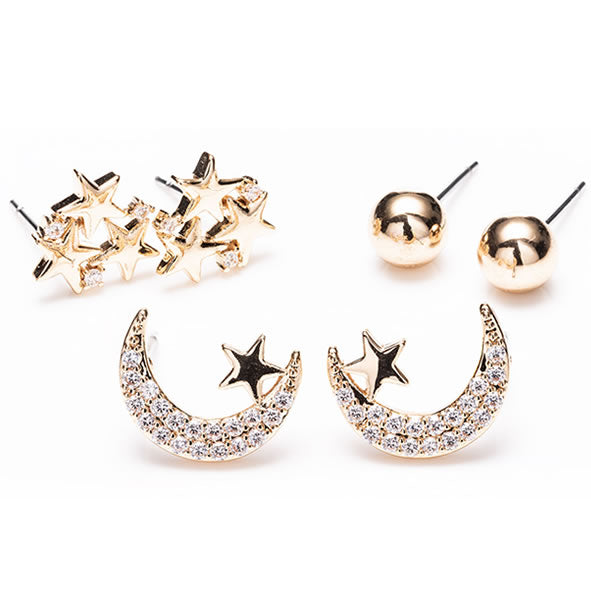 Gold Sun, Moon, Star Earrings set of 3