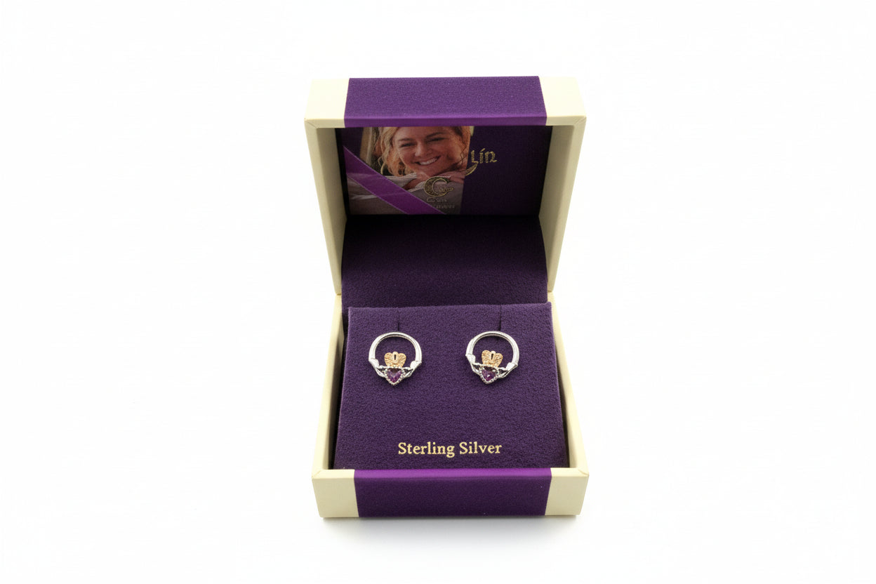 Claddagh Earrings  with Ruby Stone