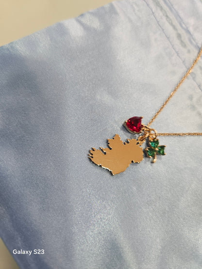 Goldplated Ireland Necklace with Shamrock Charm with Green Stones and Heart with Red stone Charm