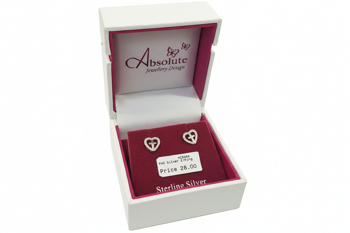 Sterling Silver Heart Earrings With Cross & Clear Stones