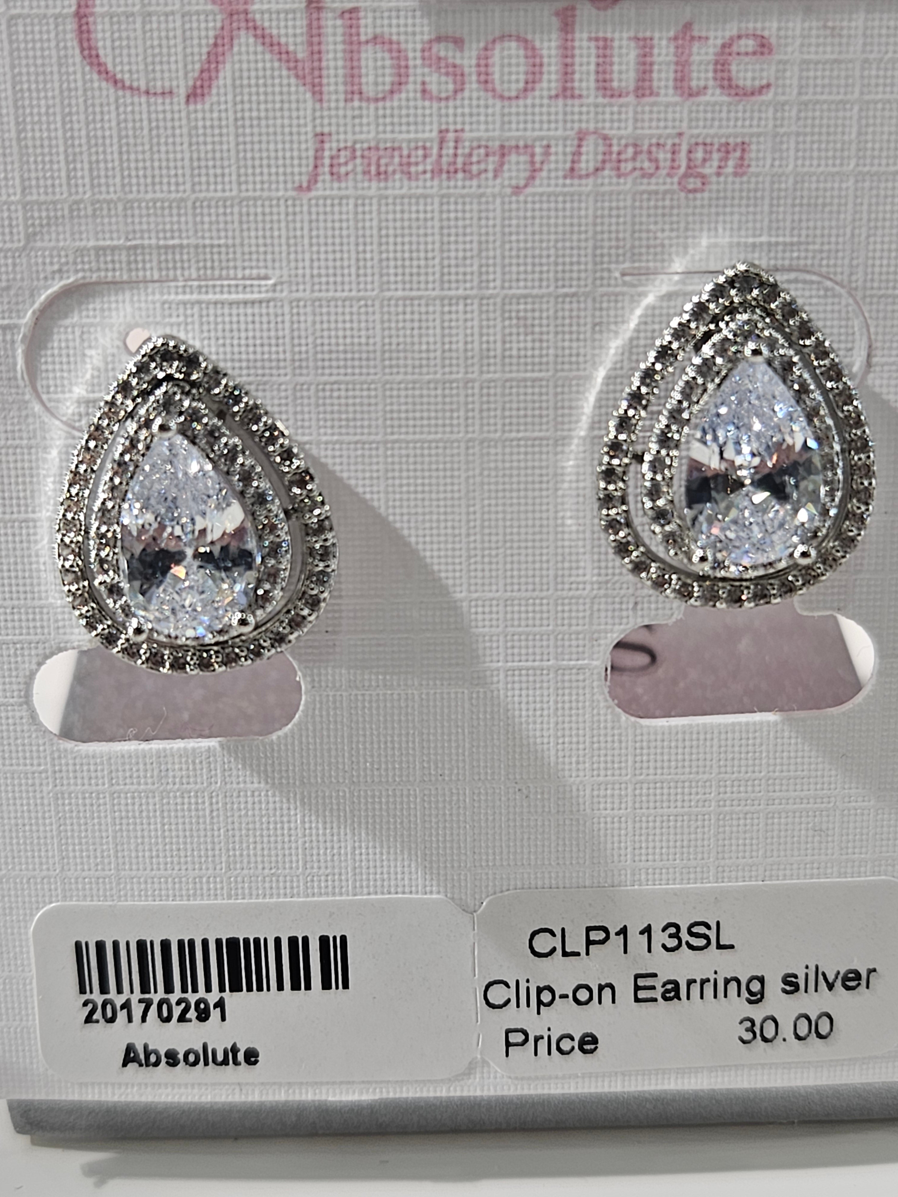 Absolute Clip on Earring Tear Drop Dimante Silverplated