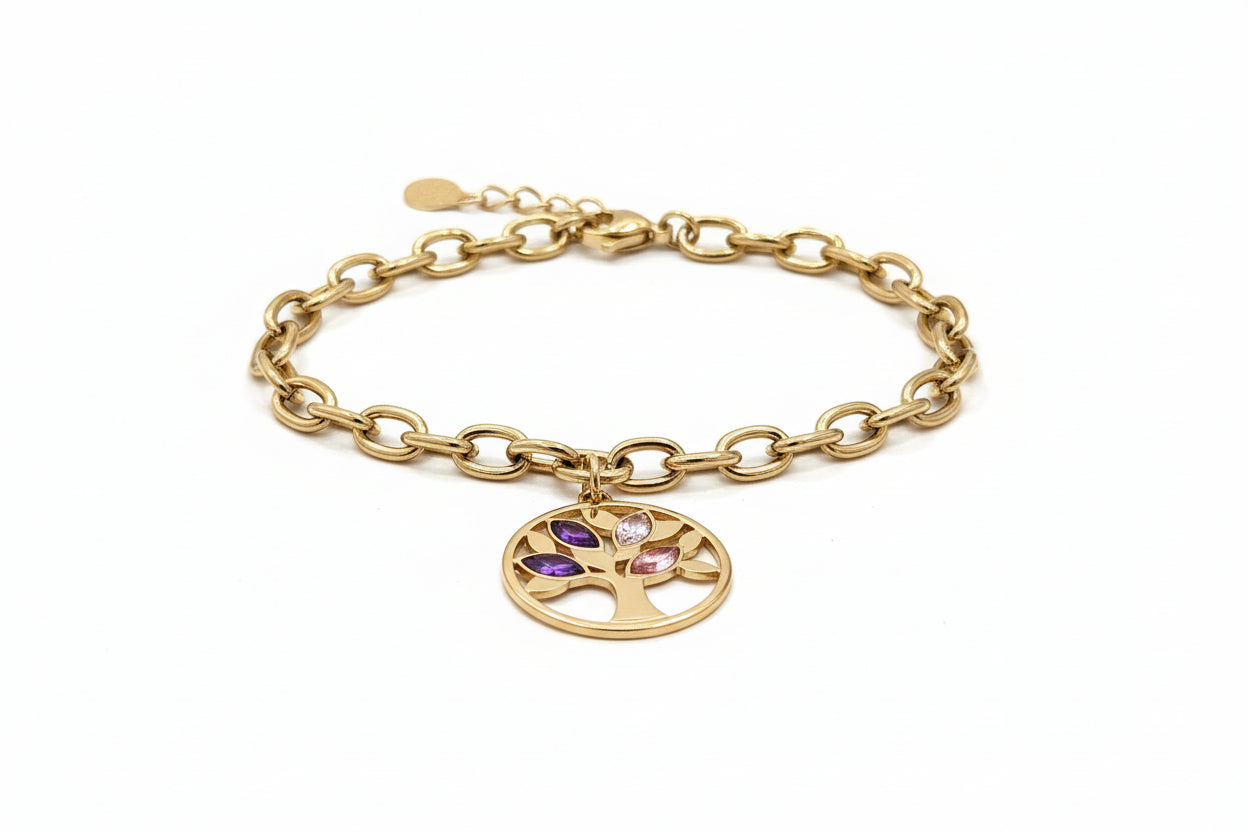 Gold Plated Bracelet ,tree of life with coloured  stones