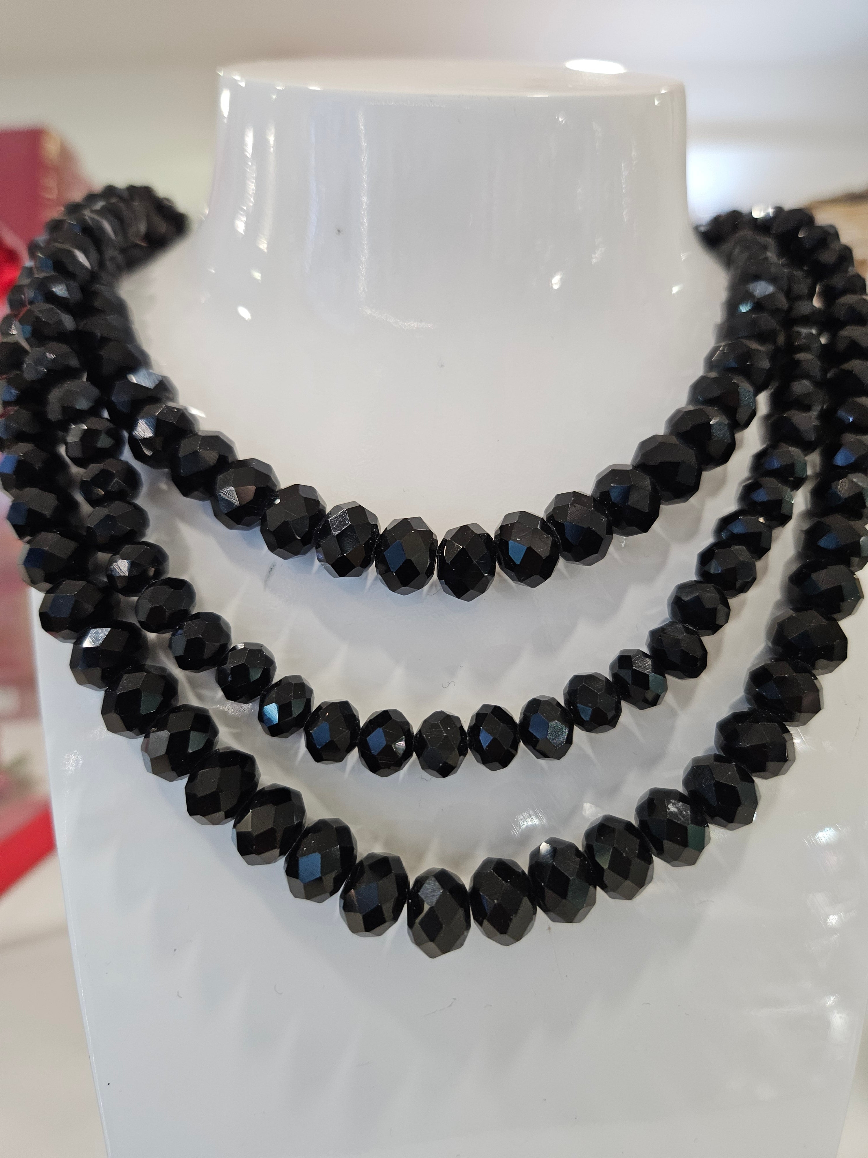 Black Bead Trio Strand Necklace