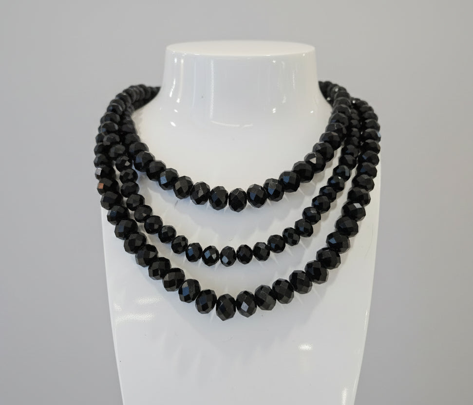 Black Bead Trio Strand Necklace