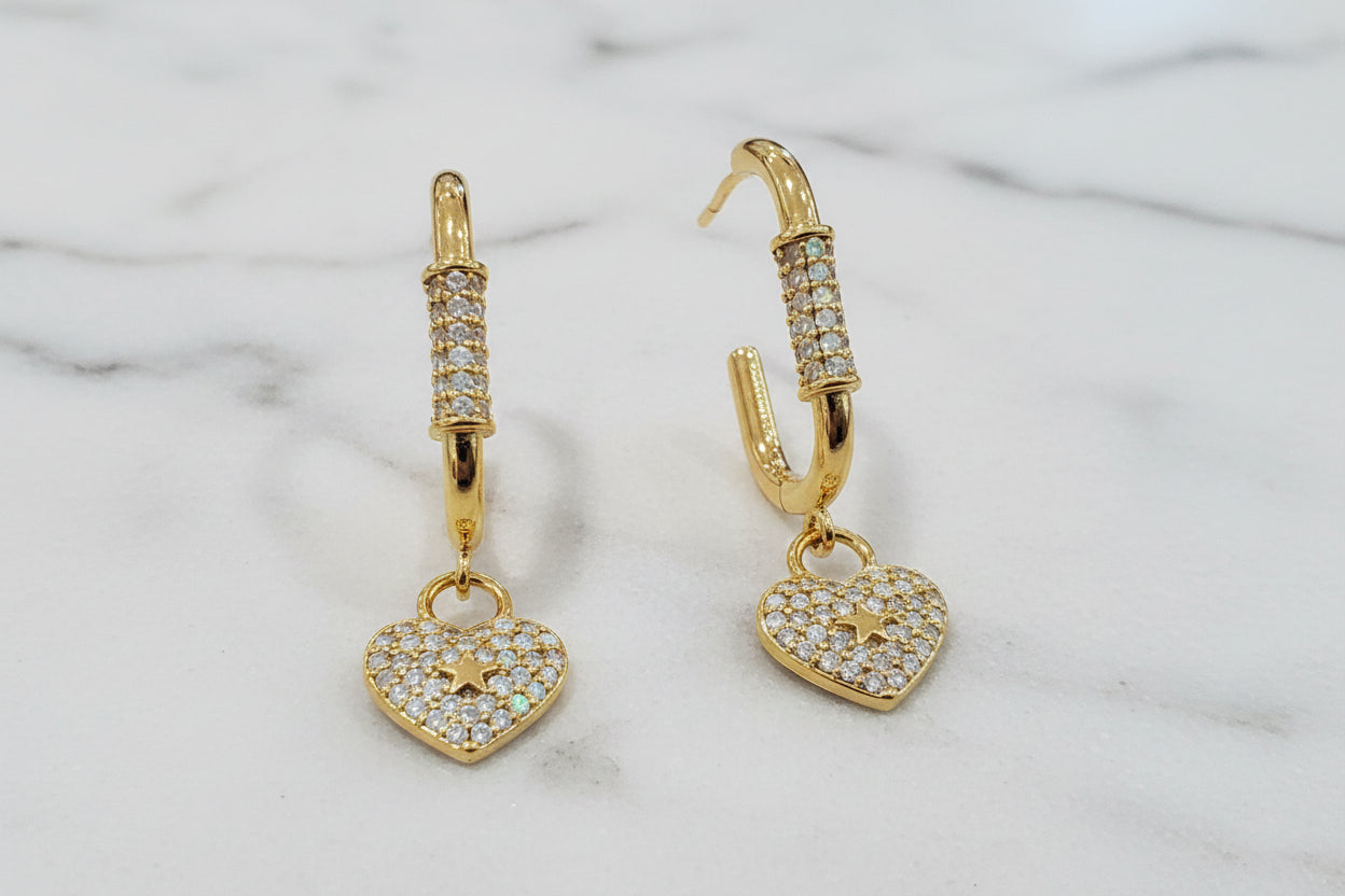 Goldplated Drop Heart Earrings with Clear Stones