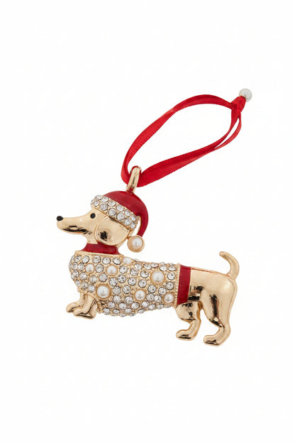 Gold Dachshound with Pearl & Dimante Christmas Tree Decoration