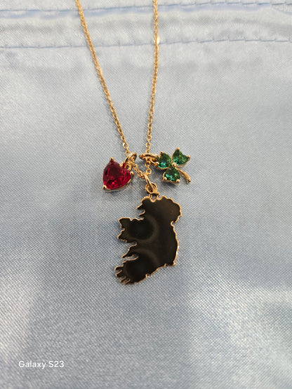 Goldplated Ireland Necklace with Shamrock Charm with Green Stones and Heart with Red stone Charm