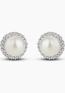 Newbridge Silver Plated Pearl Earrings with Clear Stones