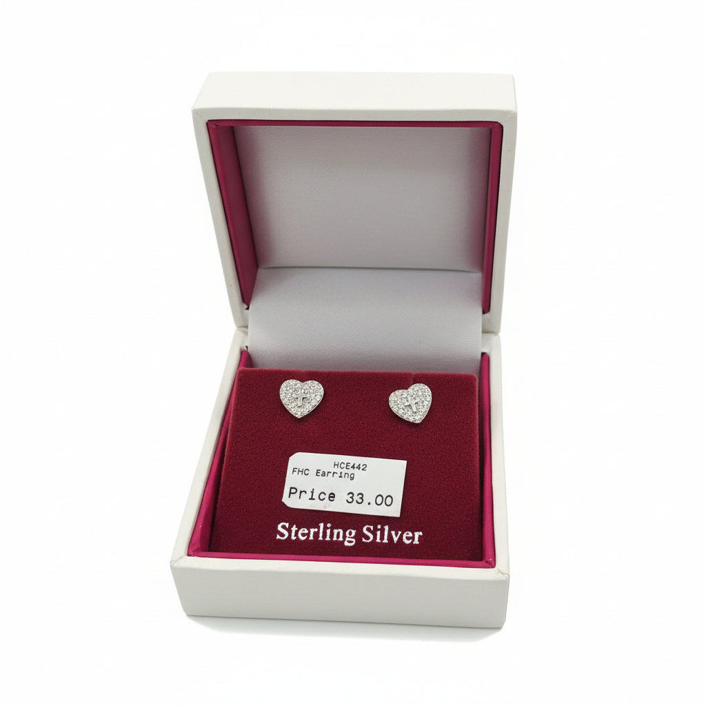 Silver Pave Hearts with Cross Earrings