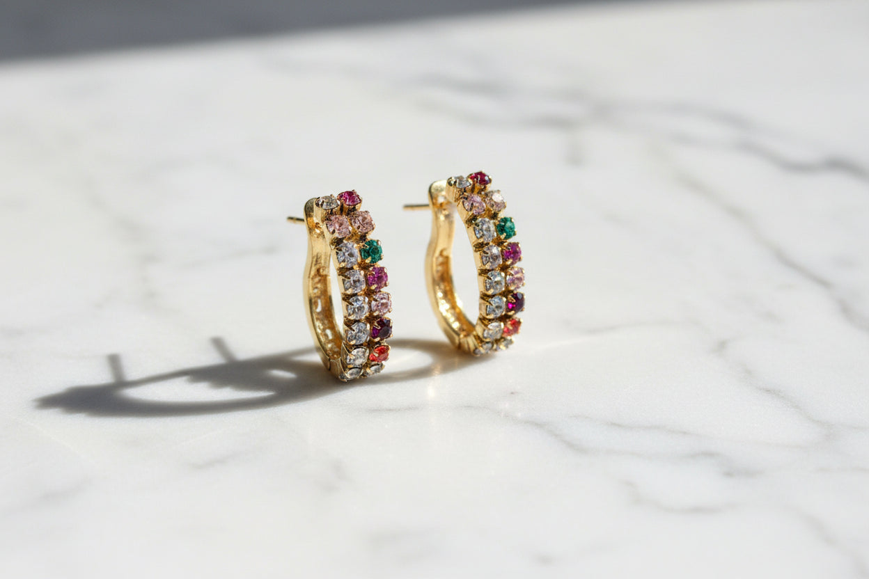 Coloured Stones J Shaped 18k Gold Plated  Earrings